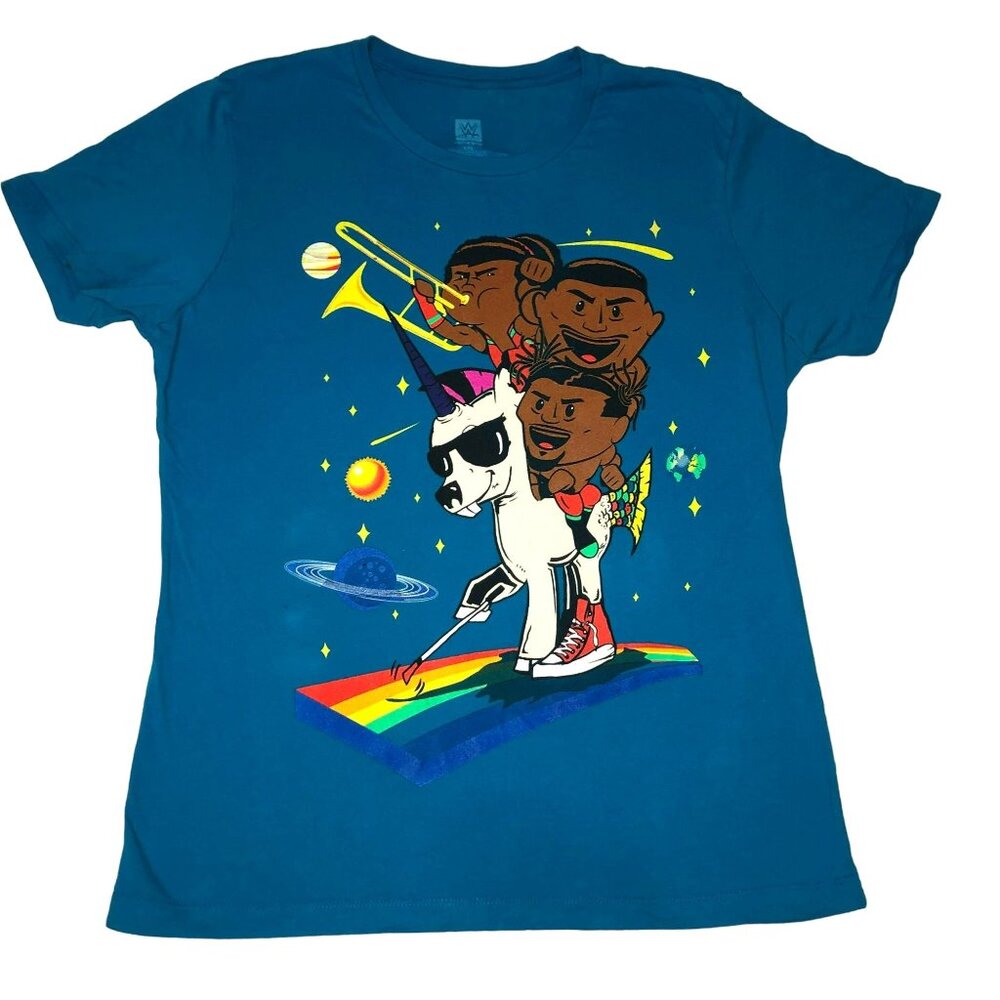 WWE The New Day T-Shirt Sz L Blue Graphic Unicorn Rainbow Cotton Womens